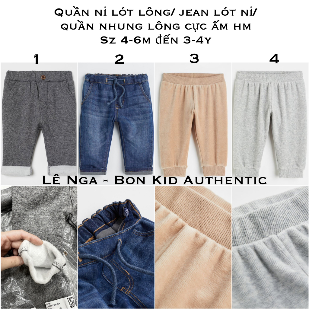 Quần nỉ lót lông/ jean lót nỉ/ quần nhung lông ấm HM chính hãng sz từ 4-6m đến 3-4y