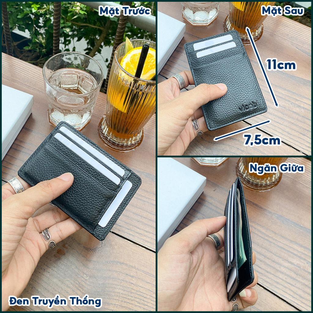 Ví mini card holder đựng thẻ Da Bò Vicobi M2, nhỏ gọn 7,5cm x 11cm hàng gia công tại Việt Nam