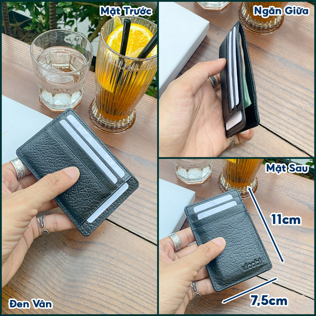 Ví mini card holder đựng thẻ Da Bò Vicobi M2, nhỏ gọn 7,5cm x 11cm hàng gia công tại Việt Nam