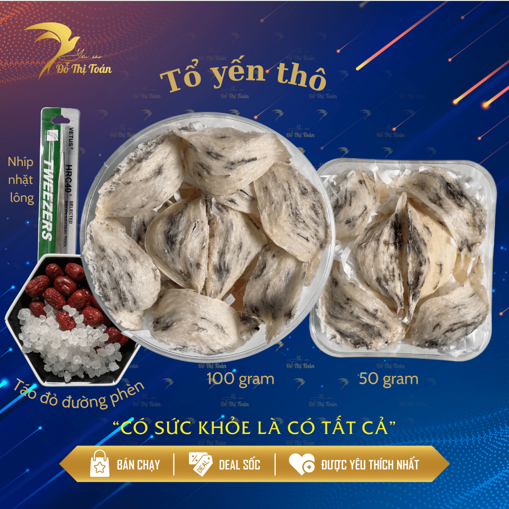 Yến thô nguyên tổ - Yến sào Đỗ Thị Toán (hộp 100 gram / 50 gram) - có kèm đồ chưng- yến sào thiên nhiên nguyên chất