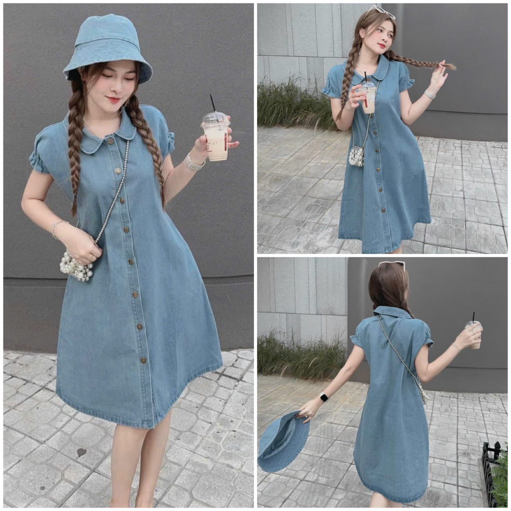Đầm váy jean nữ cổ bẻ gài nút mix dáng váy suông dành cho các nàng mặc nhà, đi chơi dễ thương, bầu bí chen chúc cưc xinh