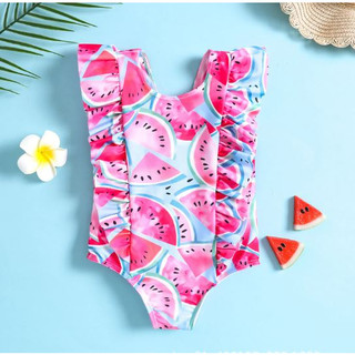 Đồ bơi liền thân bikini tay bèo họa tiết dưa hấu dễ thương cho bé gái nhỏ 7-12kg