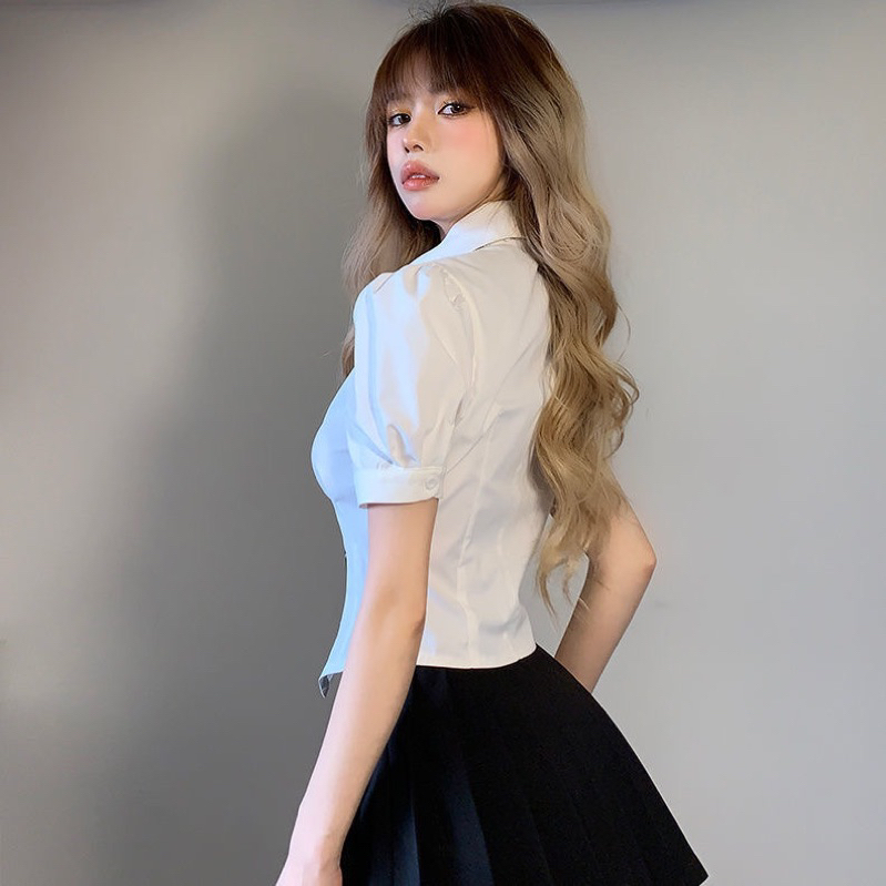 Áo sơ mi croptop Herbi bo eo tay phồng ngắn màu trắng kèm cà vạt phong cách hàn quốc thời trang nữ