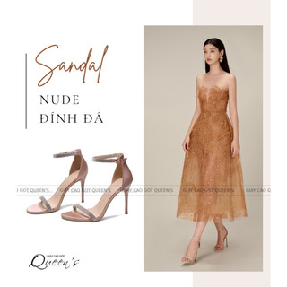 Giày cao gót sandal màu nude lụa satin đính đá cao cấp, cao 8cm,10cm,11cm