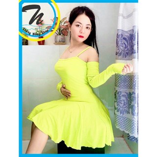 Đầm 2 Dây Xòe, Tay Dài Kiểu, Ôm Dáng