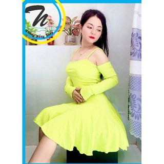 Đầm 2 Dây Xòe, Tay Dài Kiểu, Ôm Dáng