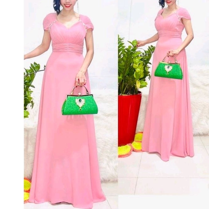 Đầm dạ hội trung niên đi tiệc voan xòe bệt vai cổ xếp ly eo gọn dáng, Đầm trung niên dạ hội voan bệt vai