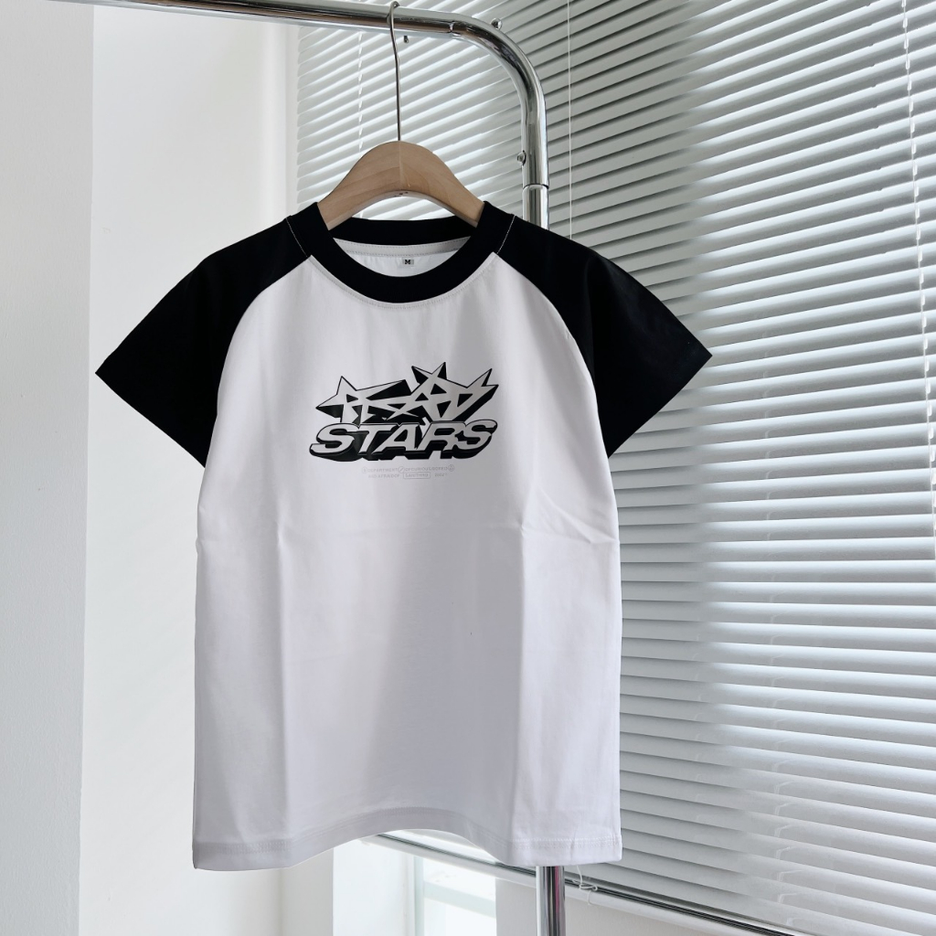 Áo thun croptop baby tee form lửng in hình màu trắng phối đen vải thun cotton co dãn 2 chiều dày dặn