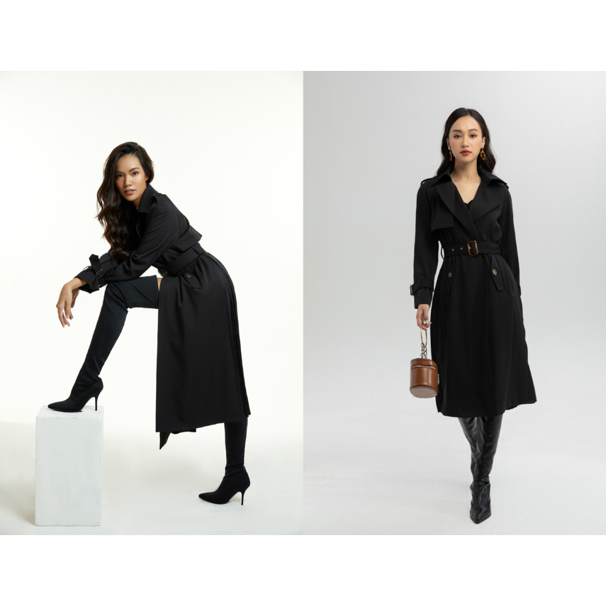 Áo khoác coat cao cấp dáng ôm vừa và dài màu đen cho nữ phong cách khí chất thời trang thu đông