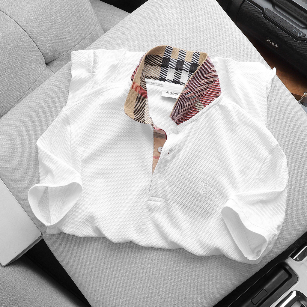 Áo Thun Nam Polo Trắng BURBERRY VẢI HẠT LONDON ENGLAND Form Regular Giấu Bụng Mắt Cá Mập Mát Hàng Xuất Xịn Chuẩn Hãng