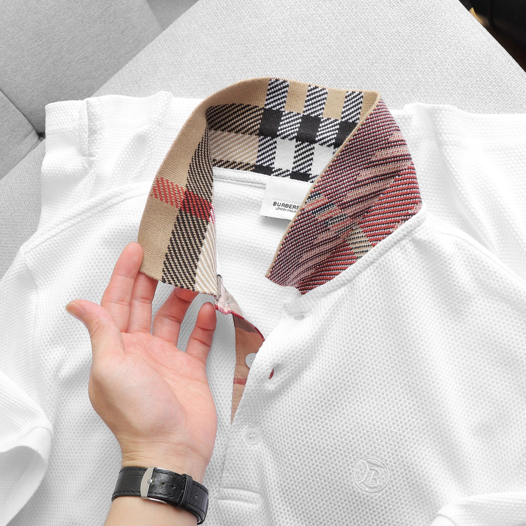 Áo Thun Nam Polo Trắng BURBERRY VẢI HẠT LONDON ENGLAND Form Regular Giấu Bụng Mắt Cá Mập Mát Hàng Xuất Xịn Chuẩn Hãng