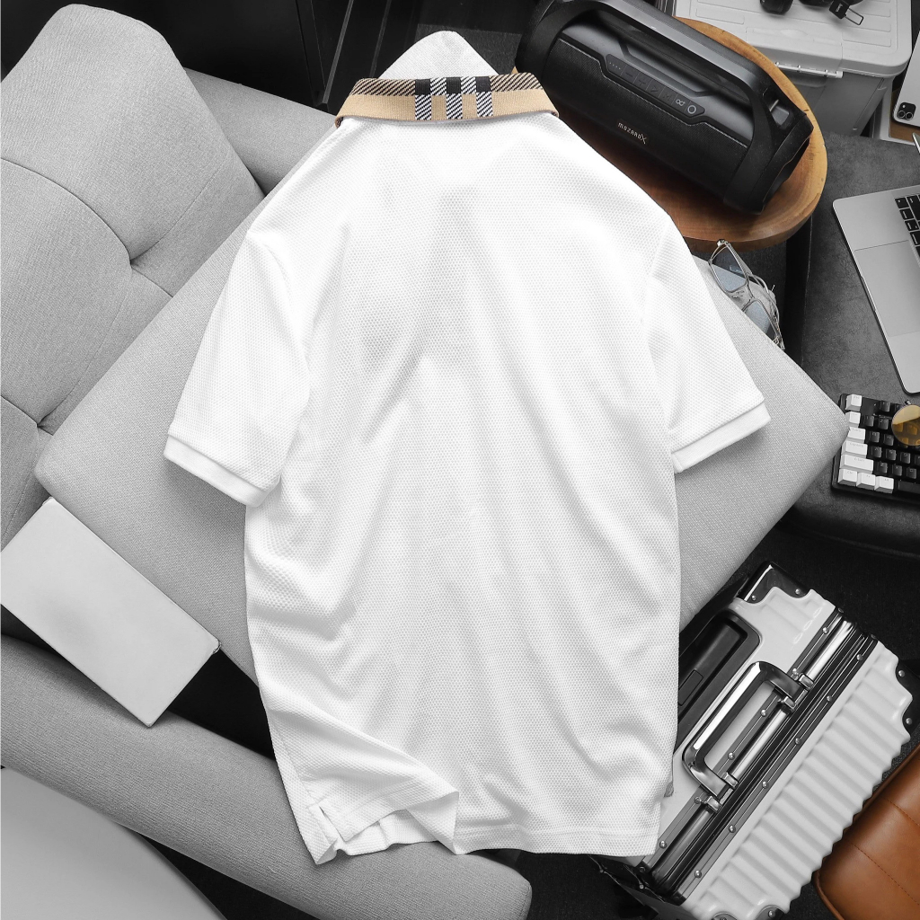 Áo Thun Nam Polo Trắng BURBERRY VẢI HẠT LONDON ENGLAND Form Regular Giấu Bụng Mắt Cá Mập Mát Hàng Xuất Xịn Chuẩn Hãng