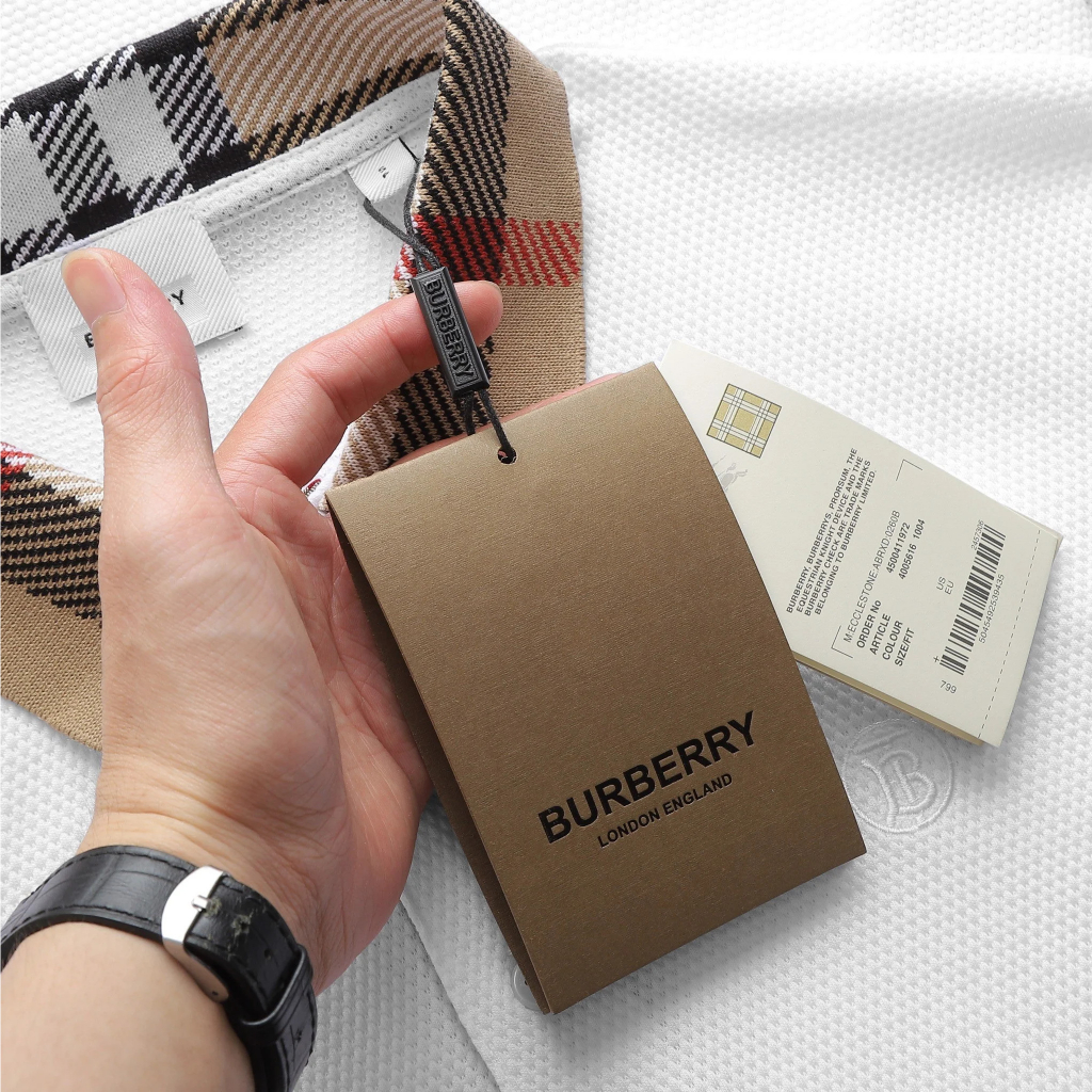 Áo Thun Nam Polo Trắng BURBERRY VẢI HẠT LONDON ENGLAND Form Regular Giấu Bụng Mắt Cá Mập Mát Hàng Xuất Xịn Chuẩn Hãng