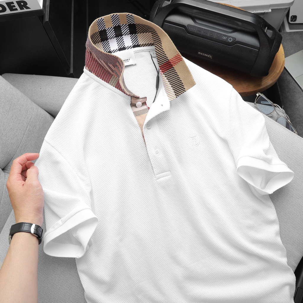 Áo Thun Nam Polo Trắng BURBERRY VẢI HẠT LONDON ENGLAND Form Regular Giấu Bụng Mắt Cá Mập Mát Hàng Xuất Xịn Chuẩn Hãng