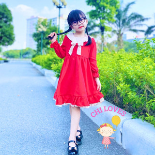  Váy đầm đỏ cho bé gái CHI LOVES. Váy đầm cho bé gái mặc đi tiệc đi đám cưới thiết kế dài tay v5 