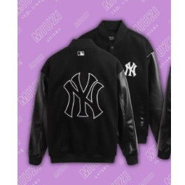 Áo varsity jacket Bomber MLB NY Chữ Thêu Tay Da Cao Cấp - Áo Bomber Nỉ Tay Da Phong Cách Unisex**