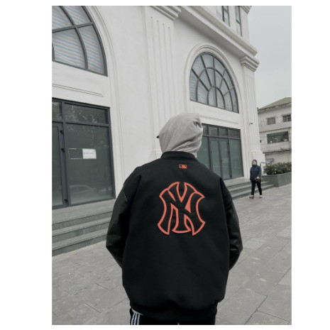 Áo varsity jacket Bomber MLB NY Chữ Thêu Tay Da Cao Cấp - Áo Bomber Nỉ Tay Da Phong Cách Unisex**