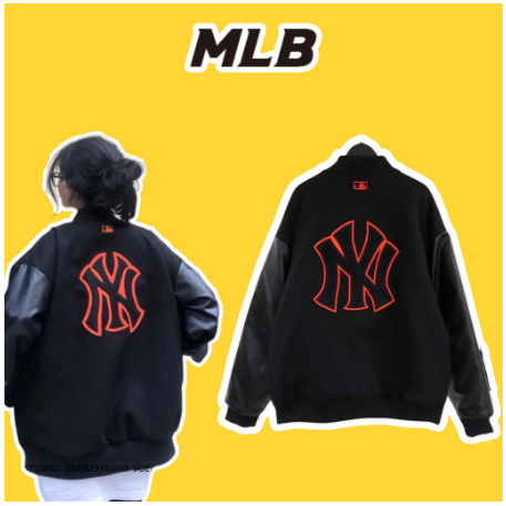 Áo varsity jacket Bomber MLB NY Chữ Thêu Tay Da Cao Cấp - Áo Bomber Nỉ Tay Da Phong Cách Unisex**