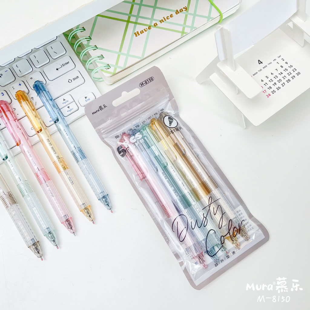 Bút Mura Gel Đen vỏ trong suốt, đơn giản Dusty Color/ M-8150 có thanh cài, đệm lót tay