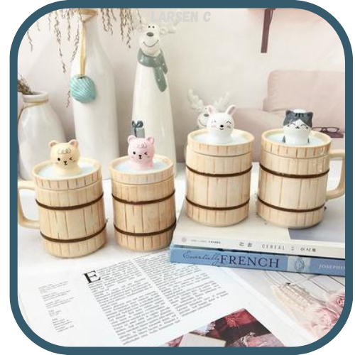 Ly cốc sứ hình chó/mèo/heo tắm xông hơi dễ thương, có nắp và muỗng/ống hút