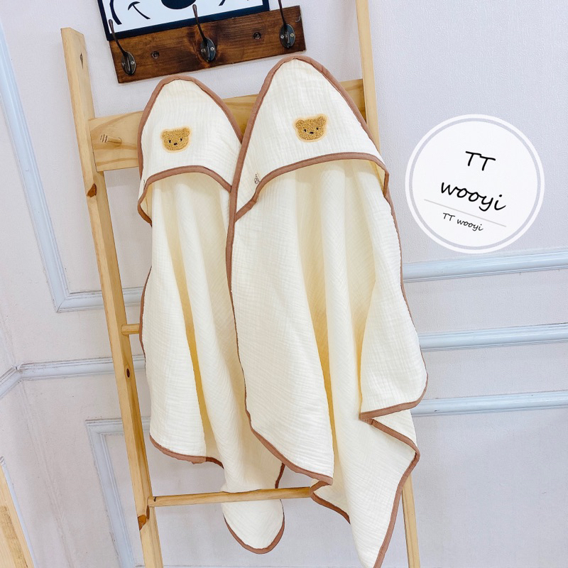Ủ choàng cho bé sơ sinh - ủ Xô Muslin gắn gấu bông xù Wooyi