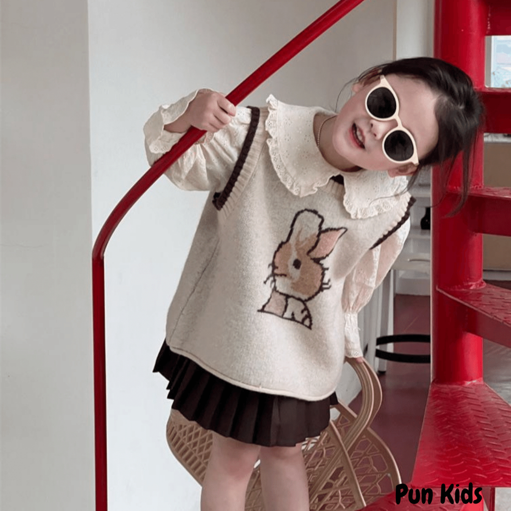 Áo gile len họa tiết thỏ be thu đông cho bé gái từ 10-30kg AMĐ14
