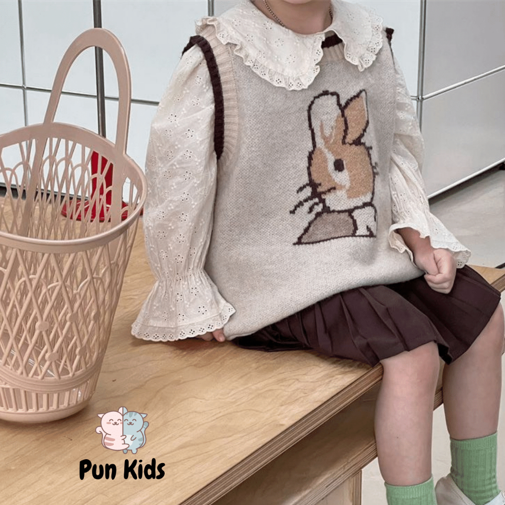Áo gile len họa tiết thỏ be thu đông cho bé gái từ 10-30kg AMĐ14