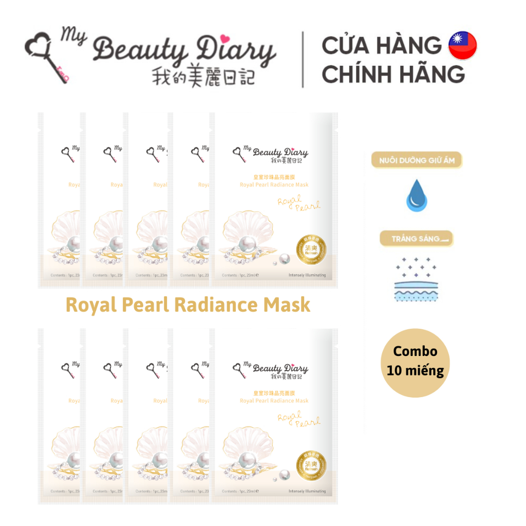 Combo 10 miếng lẻ mặt nạ dưỡng ẩm & sáng mịn My Beauty Diary Taiwan Royal Pearl Radiance Mask - Ngọc trai hoàng gia 23ml