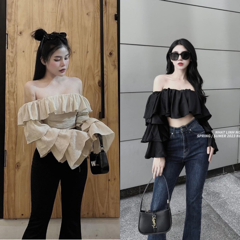 Áo Đũi Trễ Vai Bèo Tay Nhiều Tầng Dáng Croptop