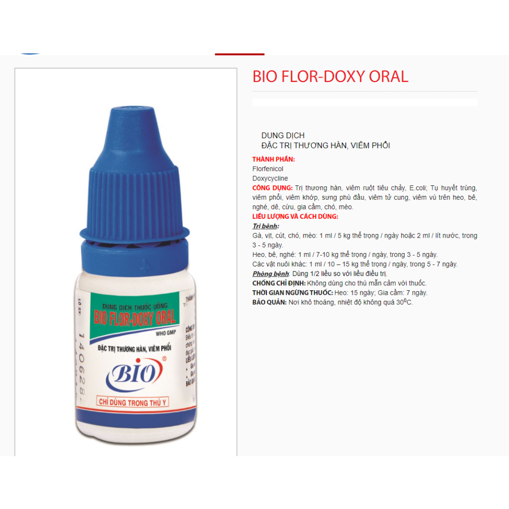 Dung dịch BIO FLOR DOXY ORAL thương hàn viêm phổi trên chó mèo