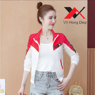 Áo khoác dù nữ giá rẻ không nón phối màu thiêu logo. vv hồng diệp