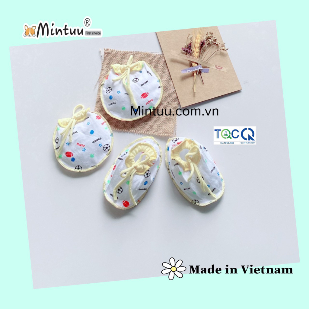 Bộ bao tay chân sơ sinh cho bé  cột dây in bông,  chất liệu vải 100%, cotton thương hiệu MINTUU