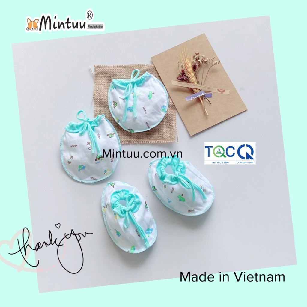 Bộ bao tay chân sơ sinh cho bé  cột dây in bông,  chất liệu vải 100%, cotton thương hiệu MINTUU