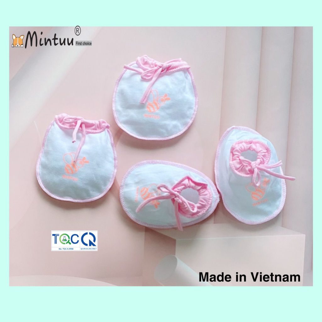Bộ bao tay chân sơ sinh cho bé cột dây trắng, chất liệu vải 100% cotton, thương hiệu MINTUU