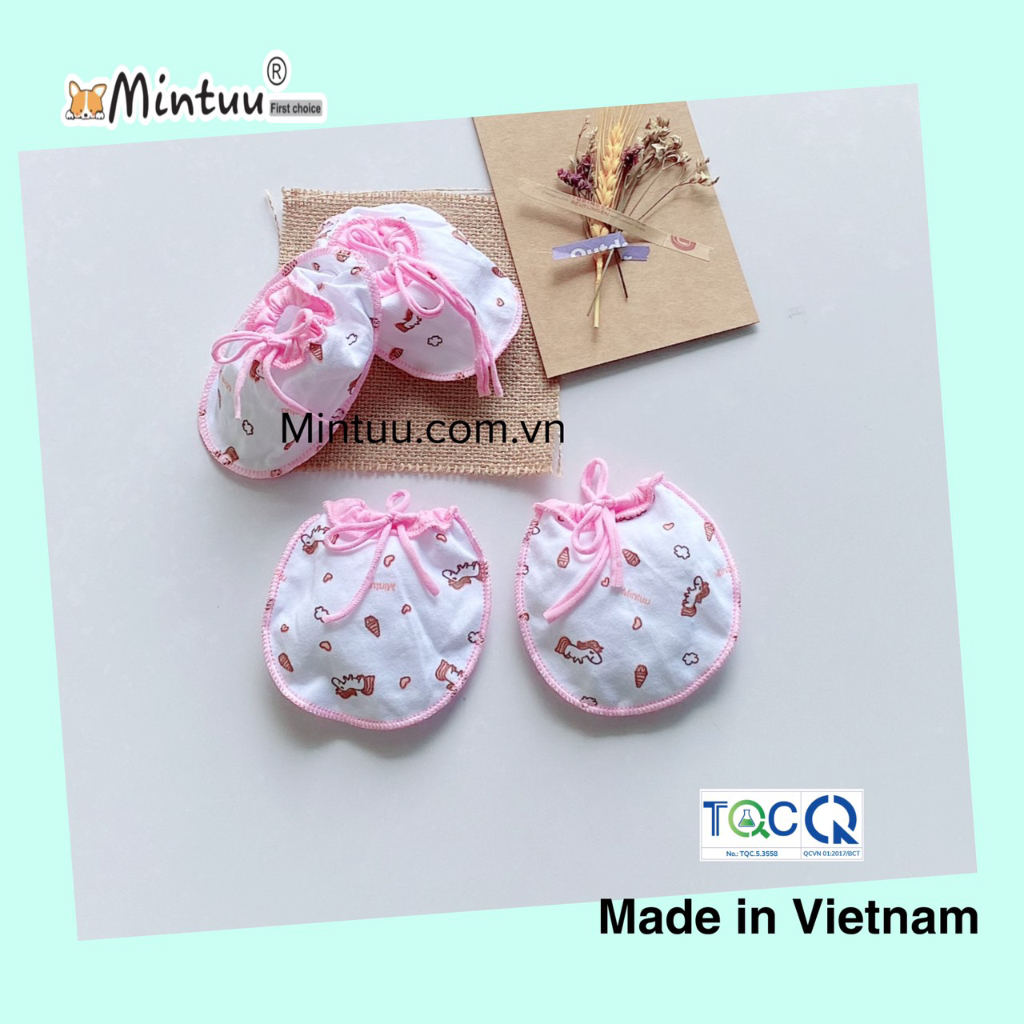 Bộ bao tay chân sơ sinh cho bé  cột dây in bông,  chất liệu vải 100%, cotton thương hiệu MINTUU