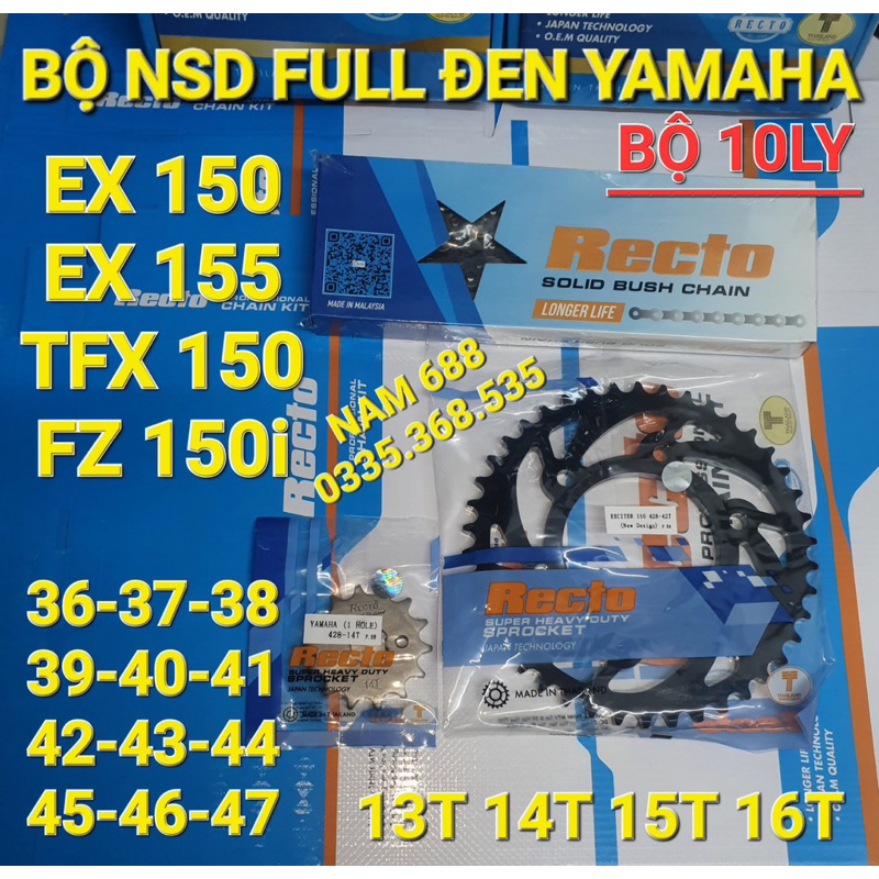 Nhông sên dĩa exciter 150,fz150,exciter 155,tfx 150 sên 10ly đen Recto dĩa từ 36…..49T