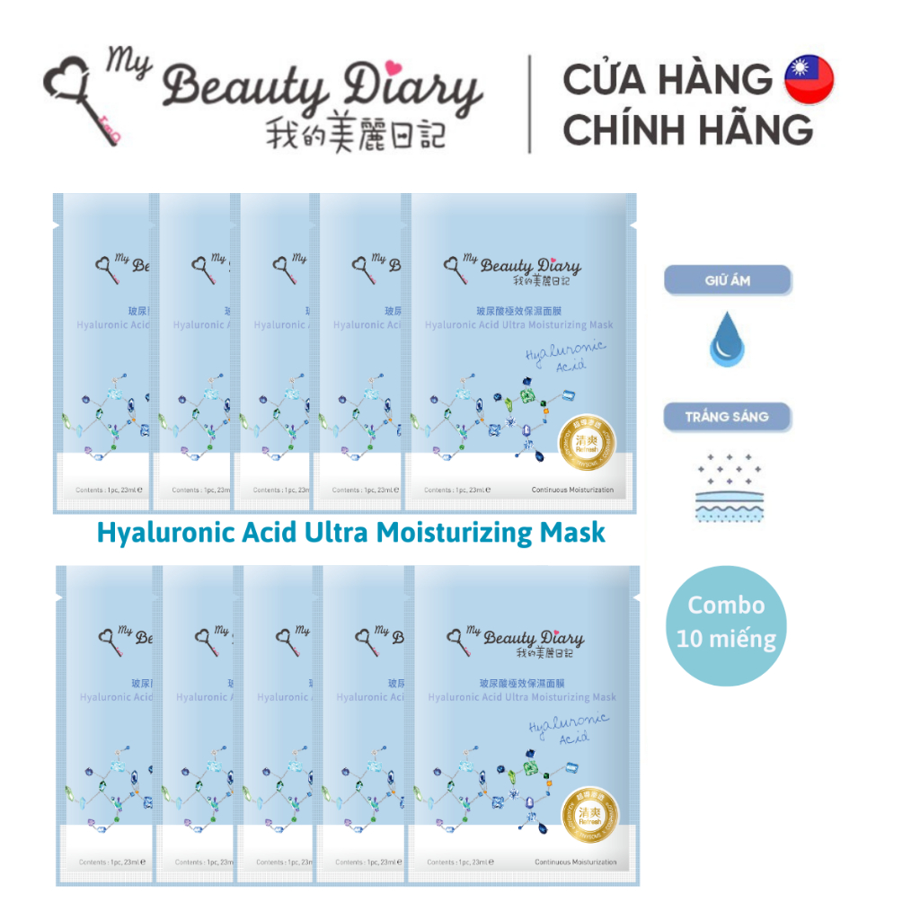 Combo 10 miếng lẻ mặt nạ Cấp nước và dưỡng ẩm My Beauty Diary Đài Loan - Hyaluronic Acid Moisturizing Mask  23ml/miếng