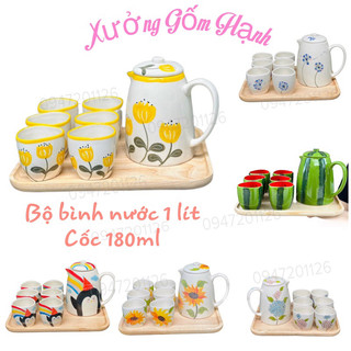 Bộ bình nước bình trà gốm Bát tràng hoạ tiết dễ thương hình hoa, dưa hấu - Bình 1 lít + cốc 180ml - Gốm sứ Bát tràng