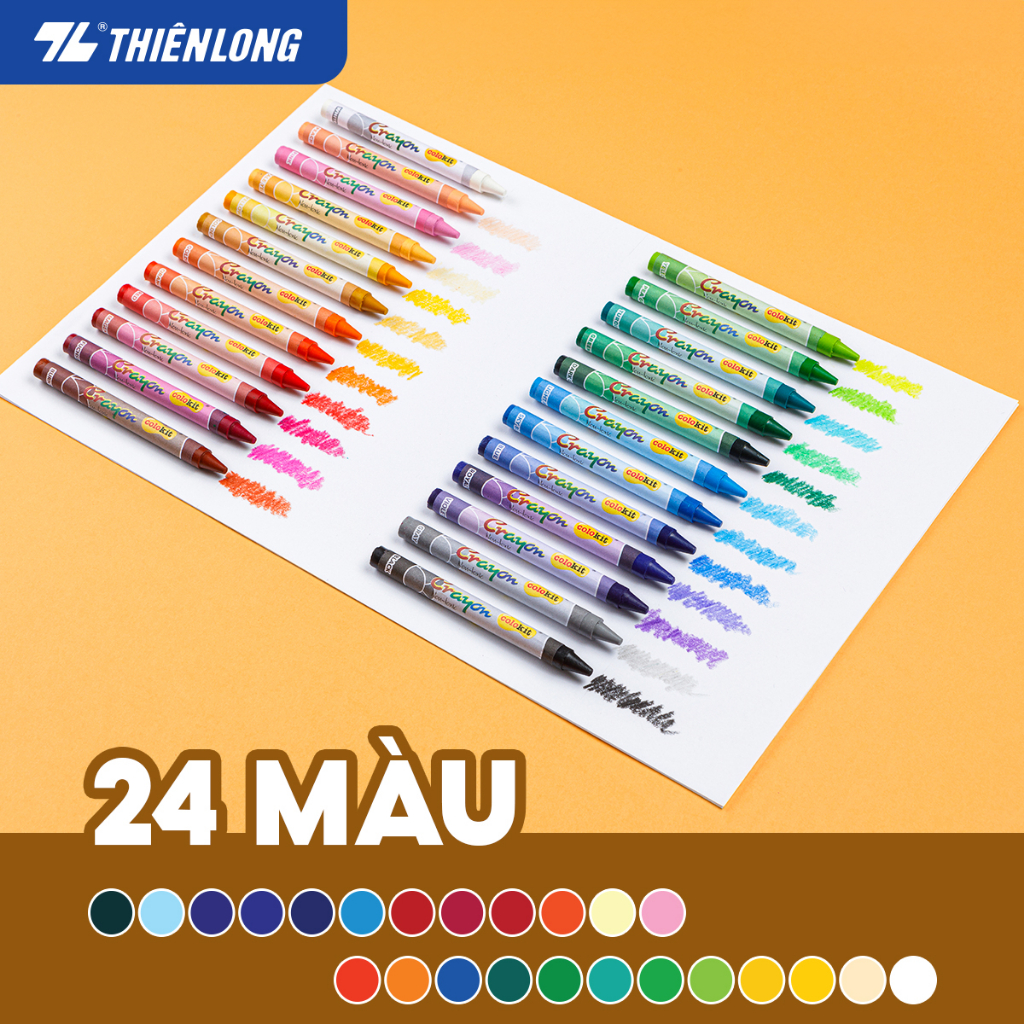 Bộ Bút Sáp Thiên Long 24 Màu Colokit CR-C09 Màu Sắc Tươi Sáng Cao Cấp Không Độc Hại An Toàn Cho Bé