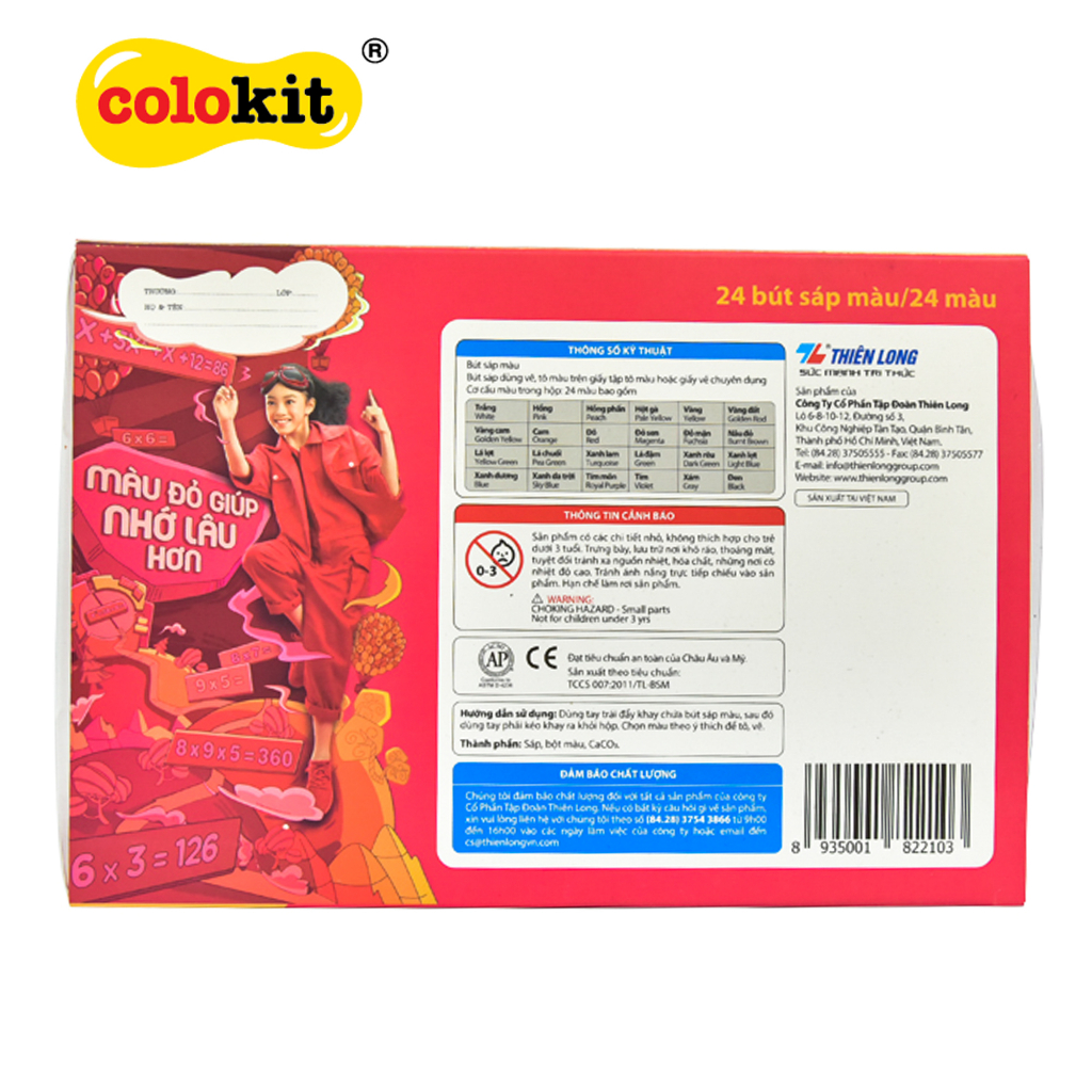 Bộ Bút Sáp Thiên Long 24 Màu Colokit CR-C09 Màu Sắc Tươi Sáng Cao Cấp Không Độc Hại An Toàn Cho Bé