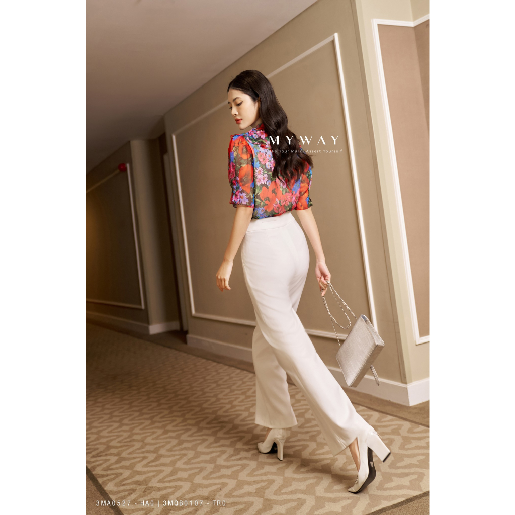 Áo Sơ Mi Nữ My Way Cổ Tàu Ngắn Tay Hoa Tiết Hoa Cao Cấp 3MA0527