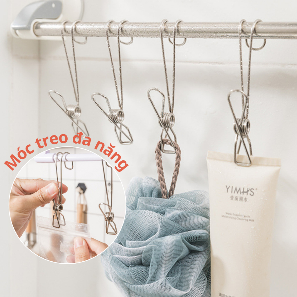 Móc treo kèm kẹp nhà tắm nhà bếp tủ quần áo đa năng, chất liệu thép không gỉ, an tâm để ở trong môi trường độ ẩm cao