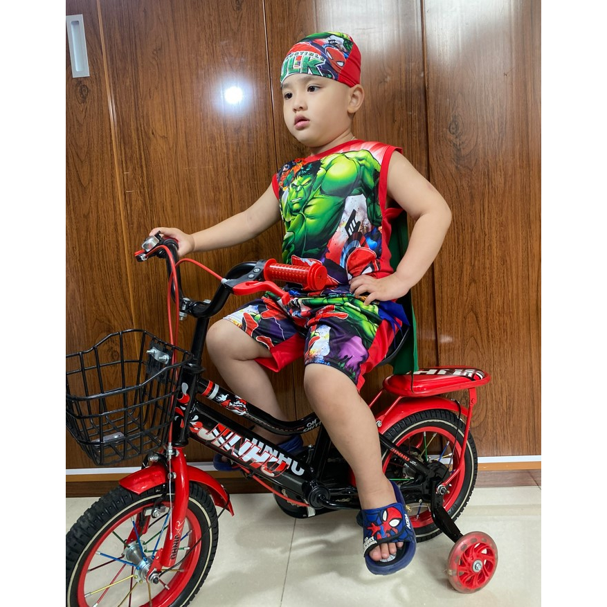 Quần áo bé traibộ sát nách, ba lỗ siêu anh hùng cánh bay Tặng mũ chùm đầu cho bé