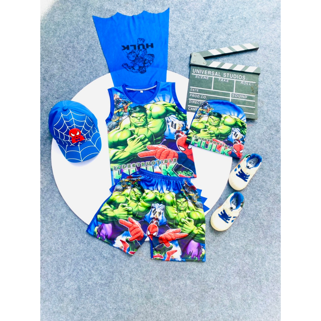 Quần áo bé traibộ sát nách, ba lỗ siêu anh hùng cánh bay Tặng mũ chùm đầu cho bé