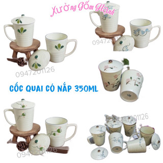 Cốc sứ có quai có nắp dung tích 350ml Men kem Gốm Sứ Bát tràng cao cấp.