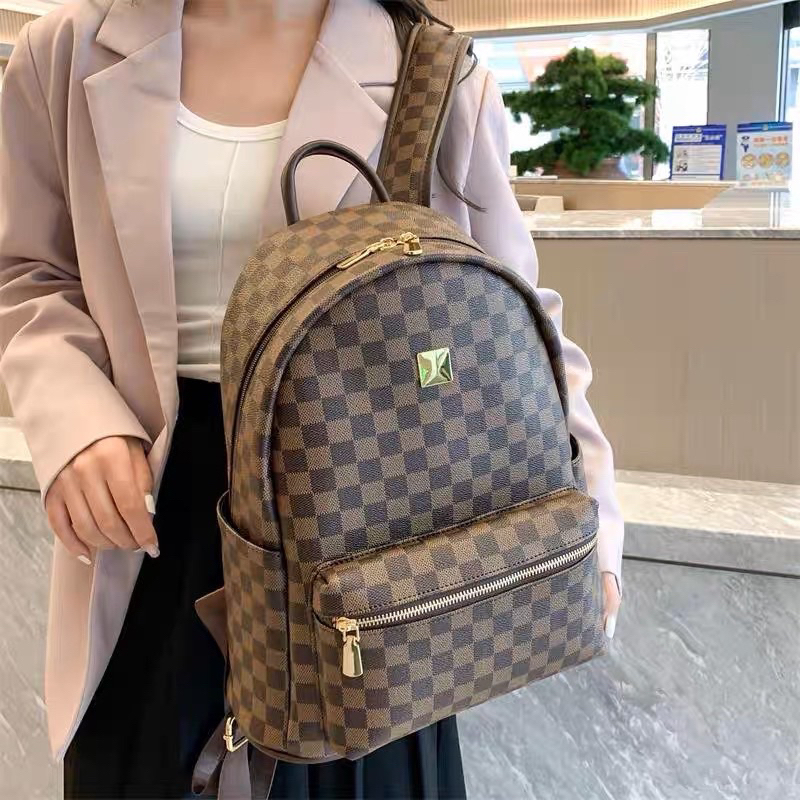 Balo Da Màu Nâu Ô Vuông, Cặp Da Đi Học Đẹp Cho Nam Nữ