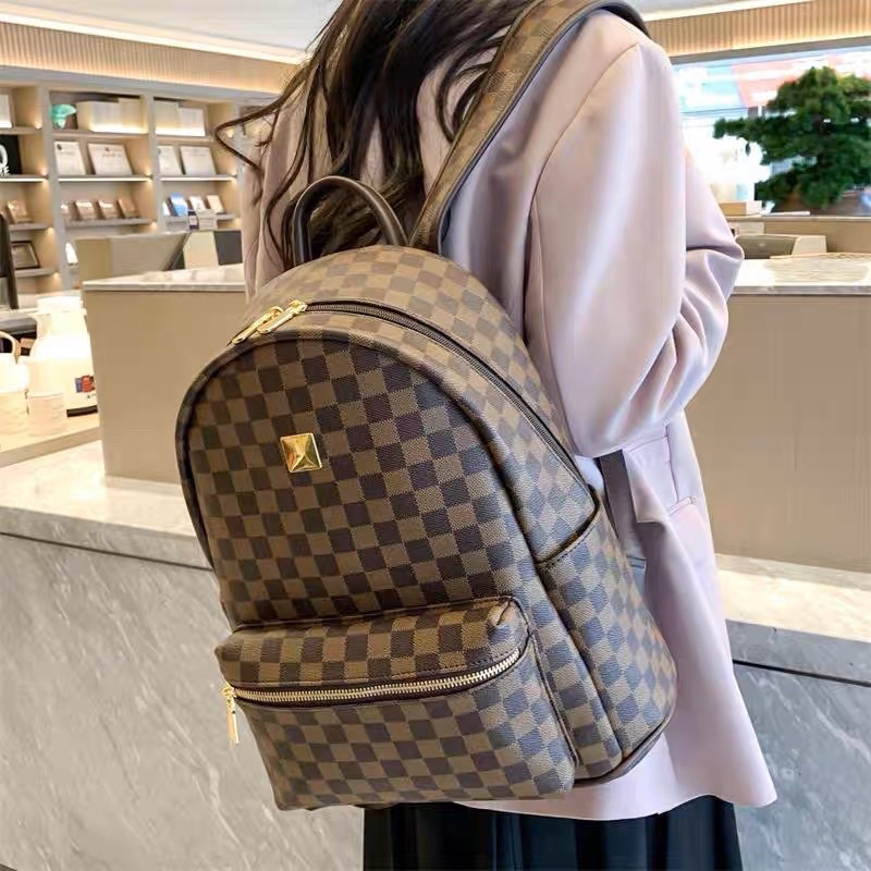 Balo Da Màu Nâu Ô Vuông, Cặp Da Đi Học Đẹp Cho Nam Nữ