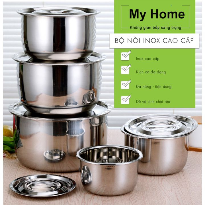 Bộ 5 nồi inox My Home dùng được bếp từ, size 16, 18, 20, 22, 24cm