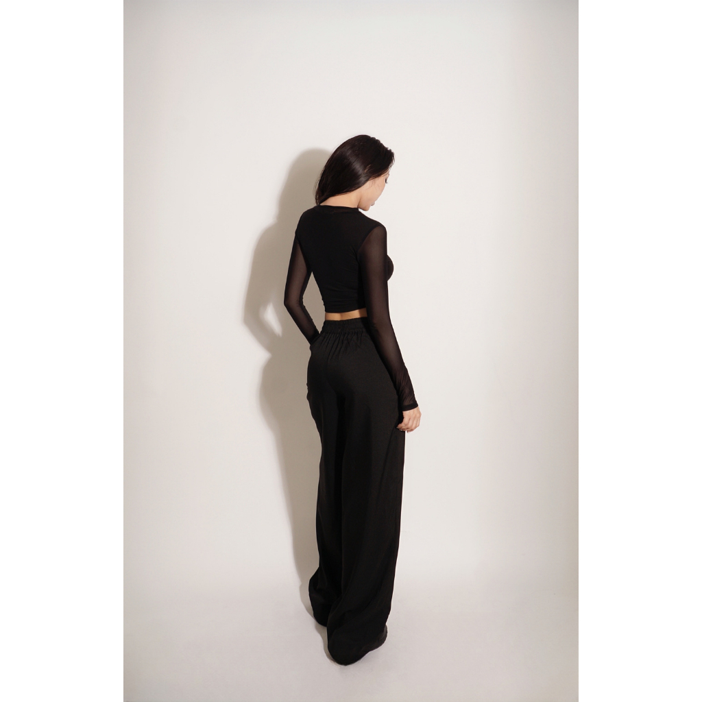 Áo croptop cổ V phối lưới tay dài chất thun co giãn tốt-Feliza clothing