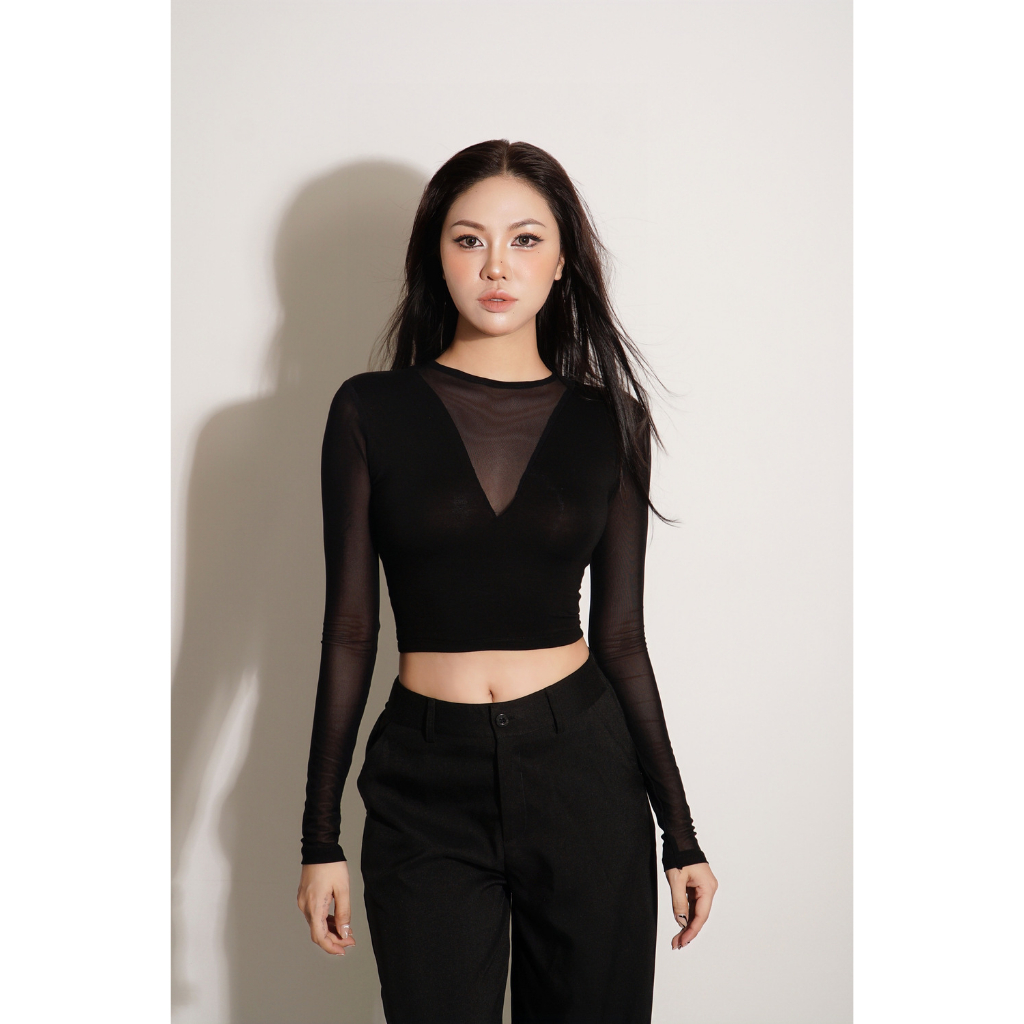 Áo croptop cổ V phối lưới tay dài chất thun co giãn tốt-Feliza clothing